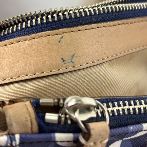 Coach Shoulder Bag Blue White C Logo Beige Leather Handles Trim 3-Compartment - Picture 14 of 16
